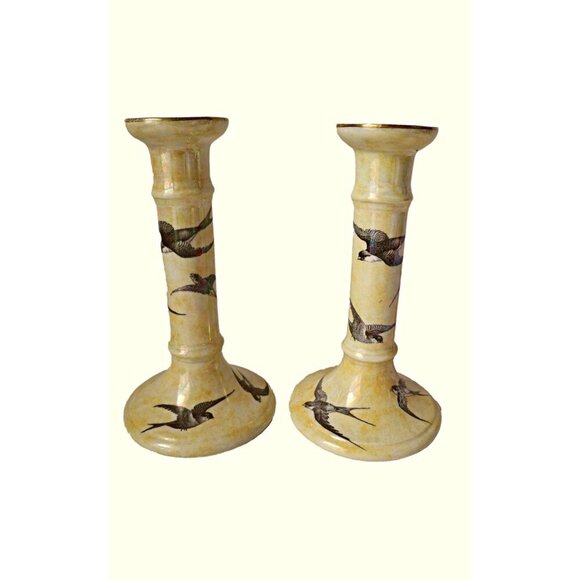 Antique Grimwades Swallows Candle Holders Hard to Find England Yellow Lusterware - Picture 1 of 8